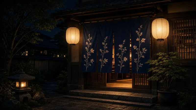夜晚亮着灯笼的店门口（示意图）