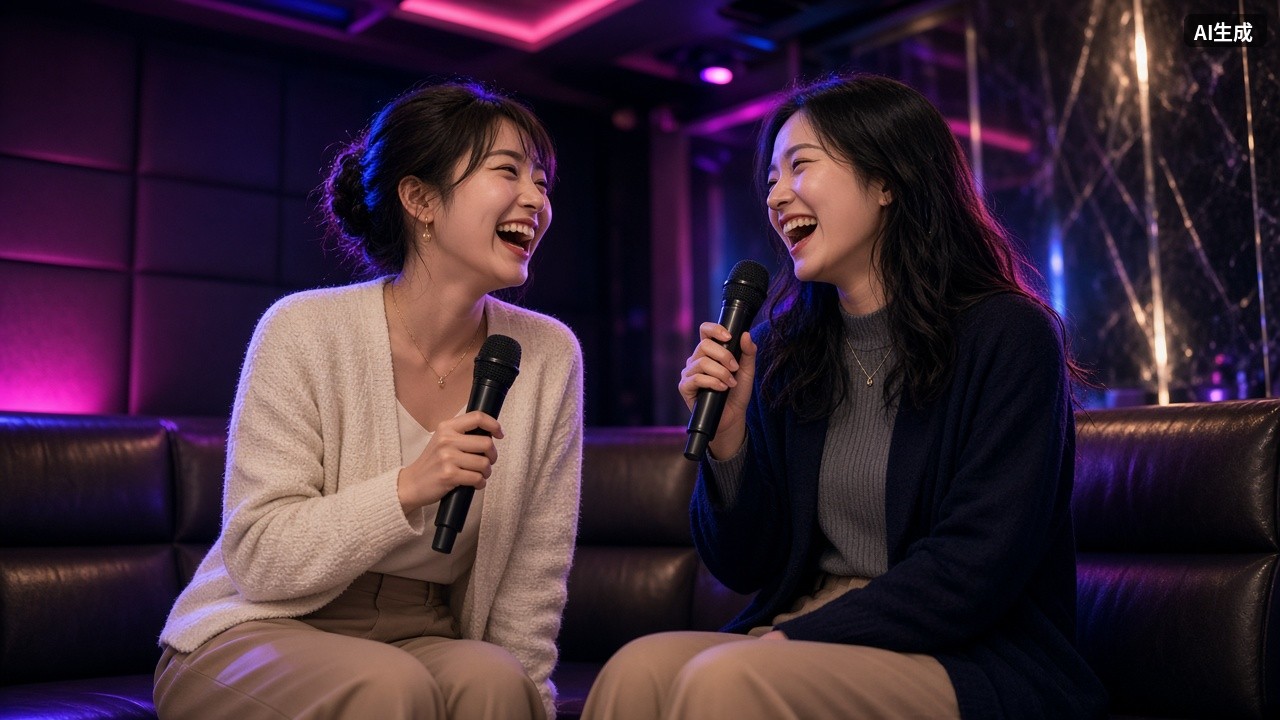 两位女性在KTV包厢唱歌