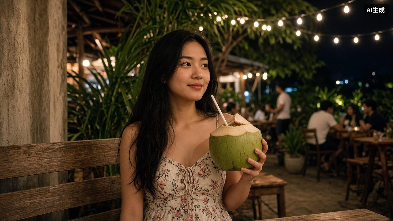 在长谷咖啡馆喝椰子的女性