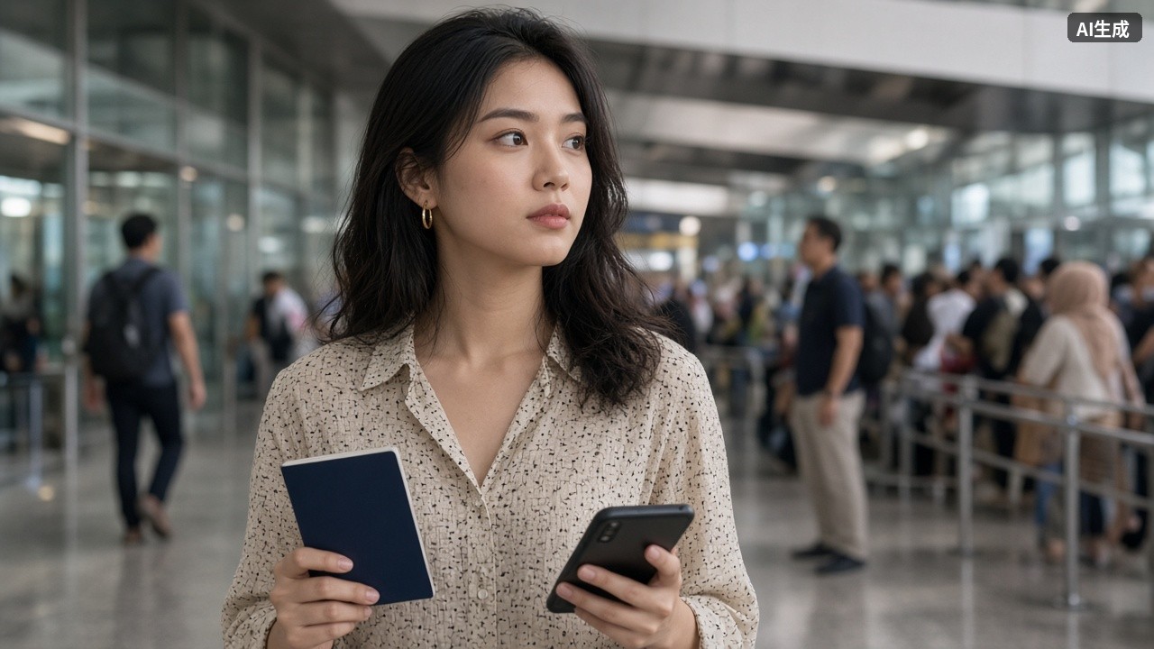 在机场手持护照的女性
